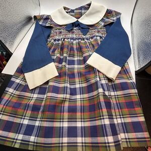 Vintage Polly Flinders 4T Girl Dress Smocked HandEmbroidered‎ Plaid Collared